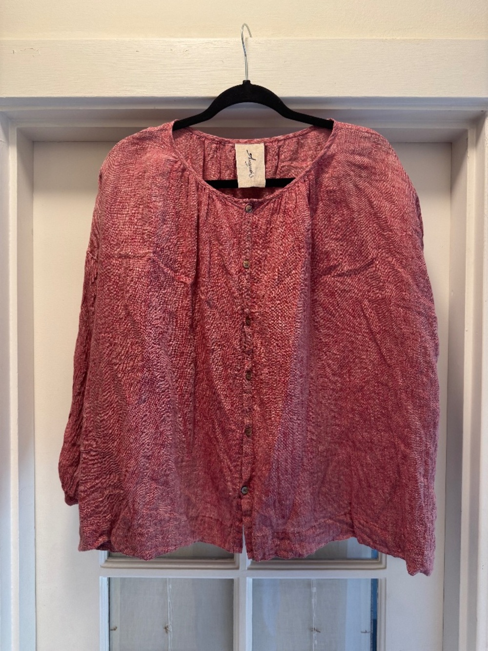 Ichi Antiques 100% Linen Gathered Button-Front Blouse Dusty Red, One Size